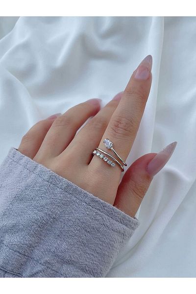 Eylülün Takısı Silver Colored Stone Detailed Women's Three Laps Ring