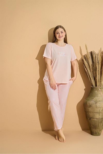 Pemilo Women's 2560-5 Large Size Short Sleeve Pocket Pajama Set Powder