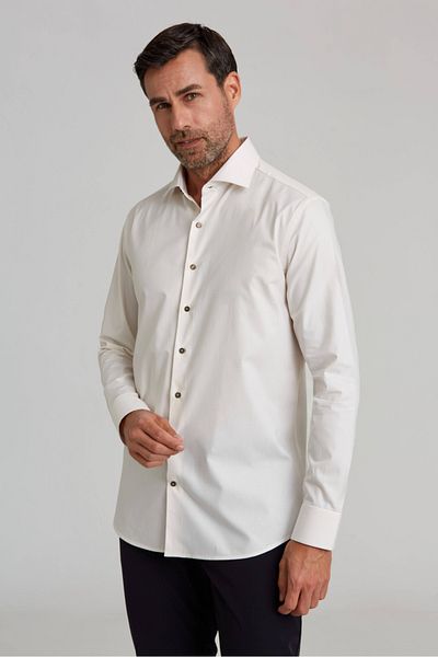 Bisse Bisse Modern Fit Спортна риза - Половин италианска яка, къс ръкав, дебел диагонален екрю