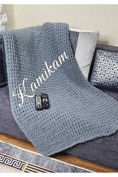 KAMİKAM 100X150 Plush Velvet Tv Blanket - Soft Alize Hand Knitted, Sofa Shawl Gift