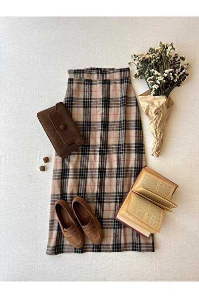 KÜÇÜĞÜM BUTİK Brown Plaid Long Winter Skirt