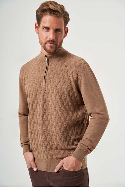 Bisse Men's Half Turtleneck Zipper Detailed Jacquard Knitwear Camel