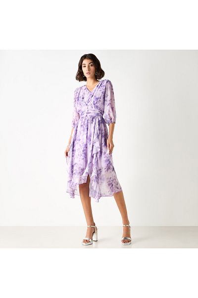 2Xtremz Floral Print Midi Ruffle Dress With Pleat Detail