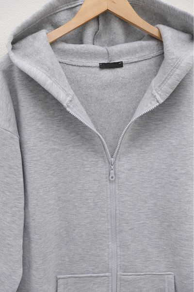 Modamorfo -Γκρι Fleece Sweat: Με φερμουάρ, κουκούλα και τσέπες