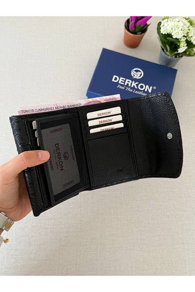 DERKON Melen Crocodile Patterned Black Women's Wallet - Genuine Leather, Size to Fit