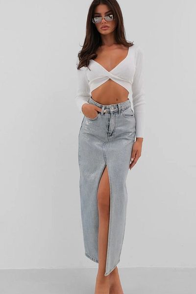 lovebox Fusta maxi denim albastră cu fantă imprimată cu folie pentru femei 23w02028