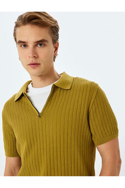 Koton New Season Half Zipper Cotton Textured Short Sleeve Knitwear T-Shirt