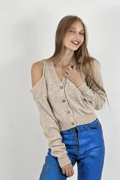 Miss Poem Women's Long Sleeve V Neck Off-The-Shoulder Mink Short Knitwear Cardigan