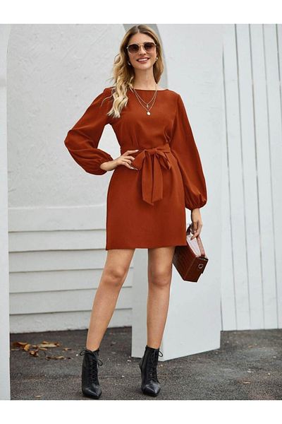 gelirr Women's Long Sleeve Boat Neck Waist Belted Short Imported Crepe Dress