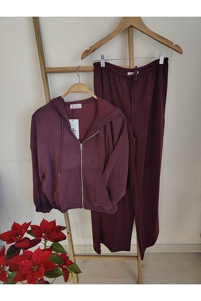 AMİNENESİL Σετ αθλητική φόρμα Modal Fabric Claret Red με κουκούλα και λεπτομέρεια με φερμουάρ