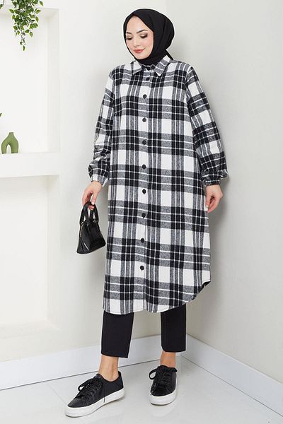 hafsamina White Long Plaid Lumberjack Tunic - Hm2652