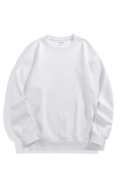 Moderk Unisex Oversize Beyaz Bisiklet Yaka Sweatshirt 3 Iplik