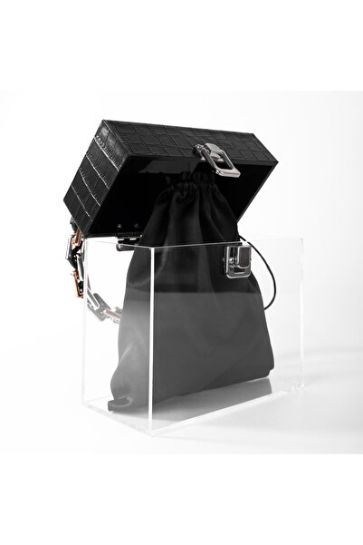 JELOUX Şeffaf Akrilik Tasarım Çanta Deri Detaylı Saten Keseli  20x10x20 Cm