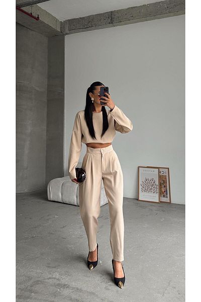 HELEBEK Petra Beige Crop Pants Set