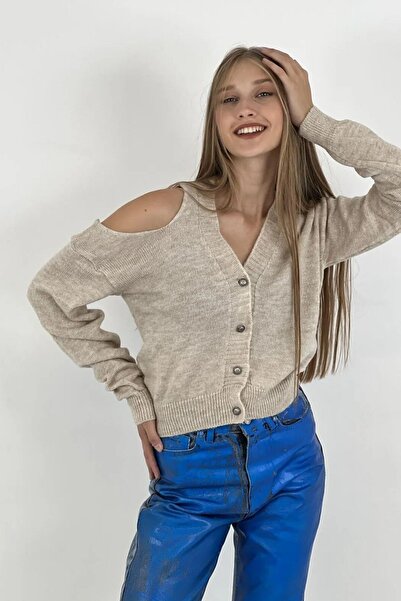 Miss Poem Women's Long Sleeve V Neck Off-The-Shoulder Mink Short Knitwear Cardigan