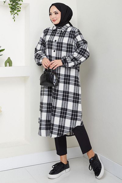 hafsamina White Long Plaid Lumberjack Tunic - Hm2652