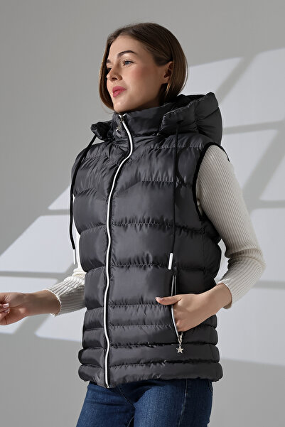 B.HE.Z Сірий жіночий надувний жилет - знімний замок-блискавка, капюшон і внутрішні кишені
