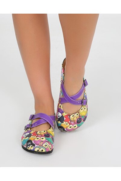 Goby Minik Baykuş Desen Baskılı Burnu Kapalı Sabo Kadın Terlik