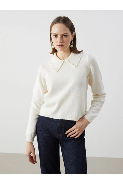 LC Waikiki Lcw Modest Ecru Polo Neck Stoned Women's Knitwear Sweater