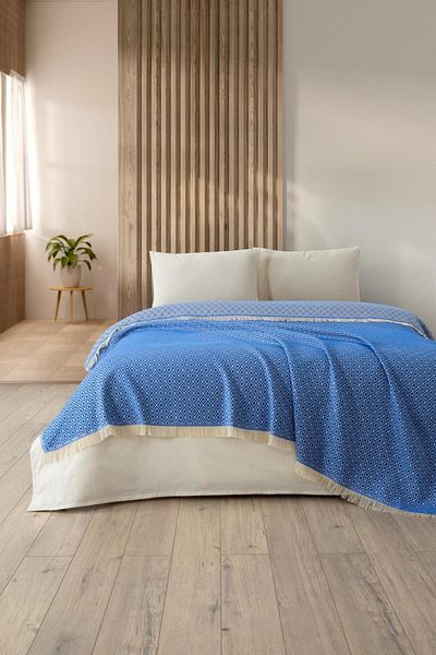 Denizli Concept Blue Double Diamonds Pike - 100% Cotton - Multi-Purpose Geometric Patterned Bedspread