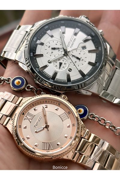 Ferrucci Brand Steel Band Silver Rose Color, Dial Lover Watches + Rosary Bracelet