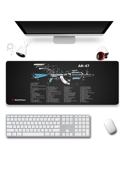 SonicTouch Схема на частите на АК-47, геймърска безшевна, устойчива на течности, черна подложка за клавиатура и мишка, 32x70 см