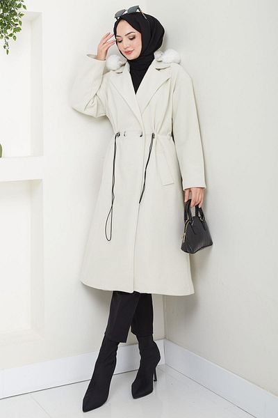 hafsamina Ecru Stamp Coat - s kapucí a šňůrkou v pase Hm2604