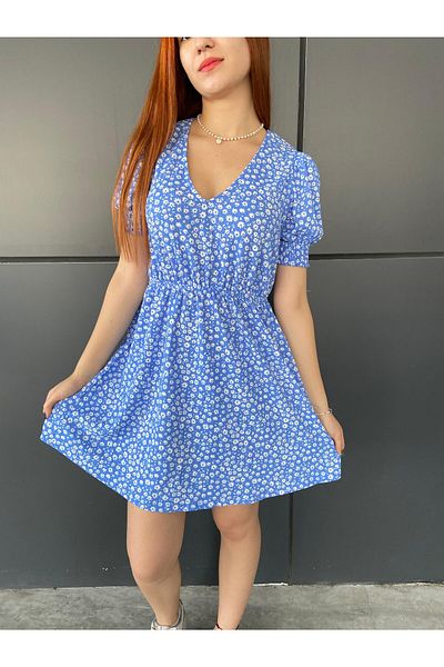 Kübra Tekstil 2480 Rochie albastra de dama cu mini detaliu flori