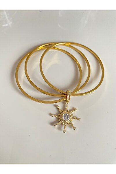kubotique Çelik Ajda Bilezik 3lü Gold Zirkon Güneş Charm Dahil Set