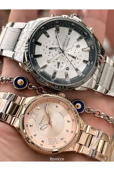 Ferrucci Brand Steel Band Silver Rose Color, Dial Lover Watches + Rosary Bracelet