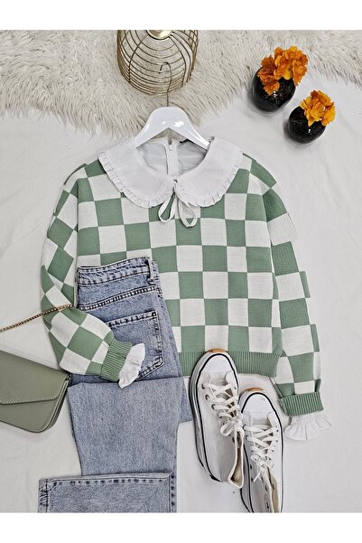 Modamorfo Šachovnicový vzorovaný svetr -mátový