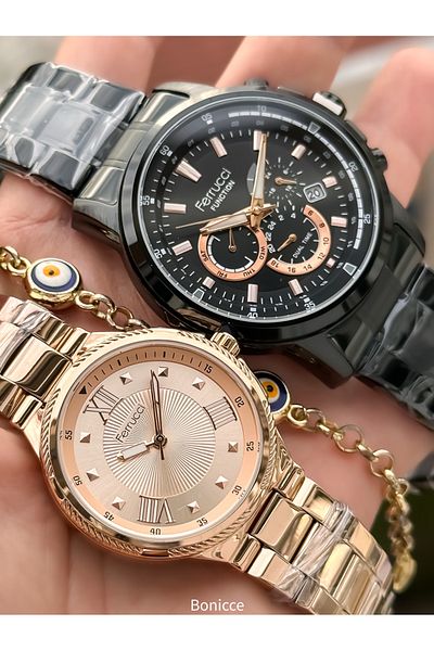 Ferrucci Black Rose Steel Band - Dear Watch and Rosary Bracelet Set