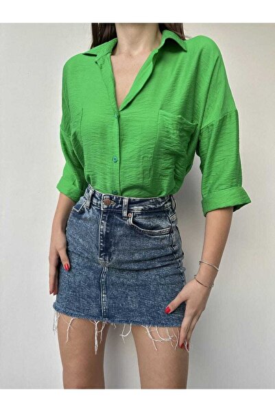WellWay Πράσινο υπερμεγέθη γυναικείο πουκάμισο - ύφασμα Bodrum (λινό)