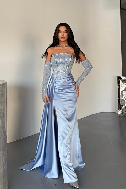 İyem Abiye Kol Ve Üst Detaylı Allerli Saten Şık Tasarım Abiye Elbise Tam Kalıp