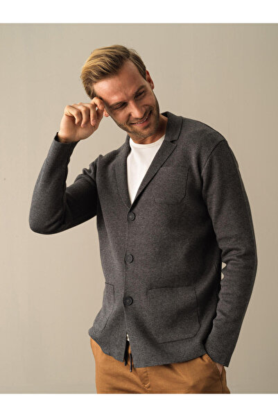 Xint Erkek Antra Melanj Pamuklu Düğmeli Regular Fit Triko Ceket