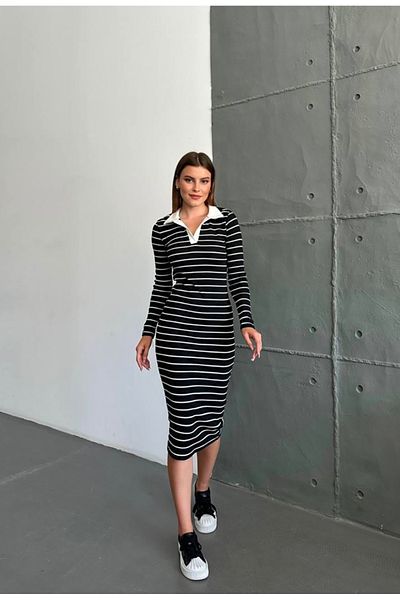 MODAYA Women's Black Polo Neck Striped Long Camisole Dress