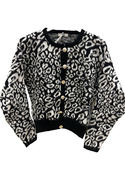 PHUTİ COLLECTION Leopard Gold Button Short Cardigan with Beard