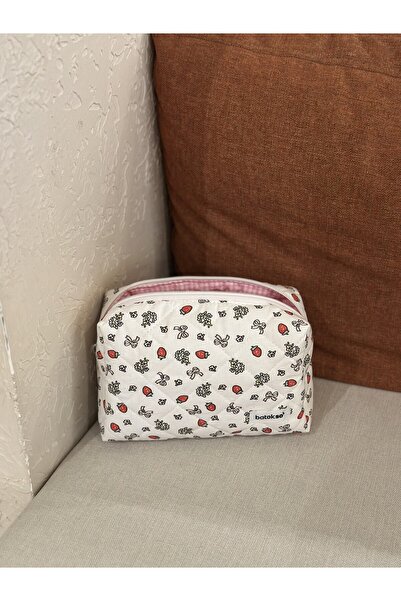 Batekso Kırmızı Çilek Desenli Makyaj Çantası - Büyük Boy