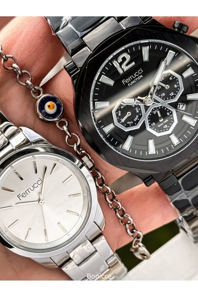 Ferrucci Steel Cord, Black Silver Color, Couple Lover Watches + Rosary Bracelet