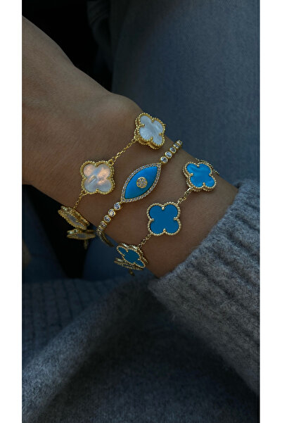 GÜLŞAH SEZER KOPYA - Turkuaz renk yonca gümüş kadın bileklik