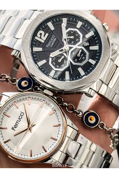 Ferrucci Brand Steel Cord, Silver Color, Couple Lover Watches + Rosary Bracelet