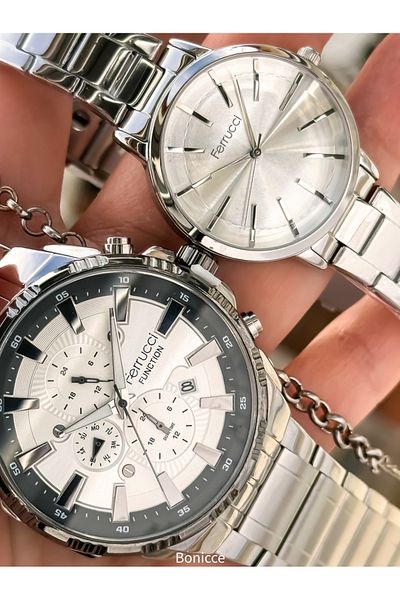 Ferrucci Brand Steel Cord, Silver Color, Couple Lover Watches + Rosary Bracelet