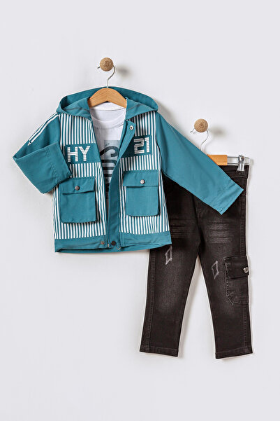 Merdia Costum 3 piese pentru băieți (trenci cu glugă HY21, tricou cu mânecă l...