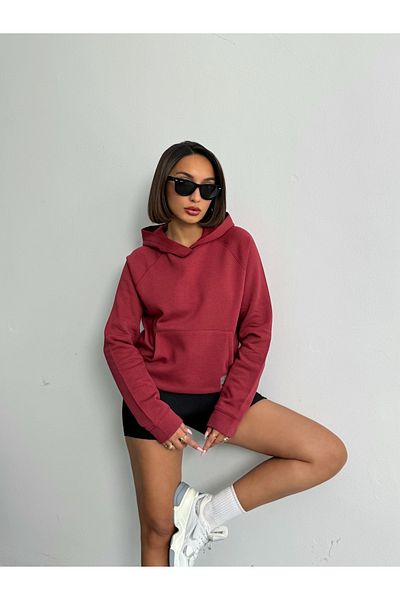 Look Forward Women's Burgundy Hooded Pocket 3 Thread Sweatshirt