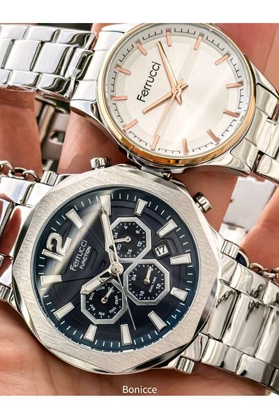 Ferrucci Brand Steel Cord, Silver Color, Couple Lover Watches + Rosary Bracelet