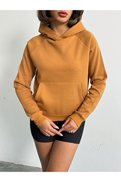 Look Forward Дамски суитшърт с качулка и джоб в цвят горчица, изработен от 3 прежди