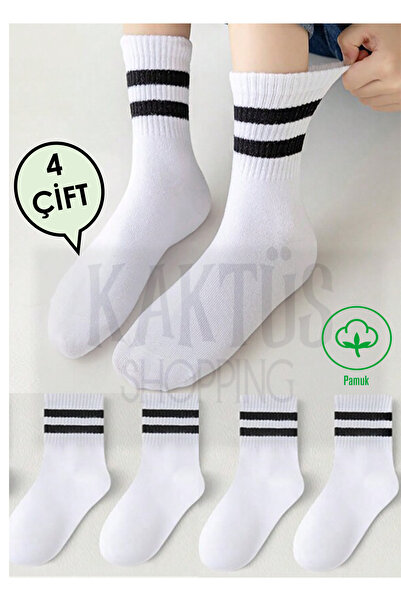 YASYAS 4 Çift Beyaz Siyah Çizgili Kolej Tenis Çorap