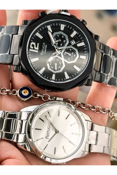 Ferrucci Steel Cord, Black Silver Color, Couple Lover Watches + Rosary Bracelet