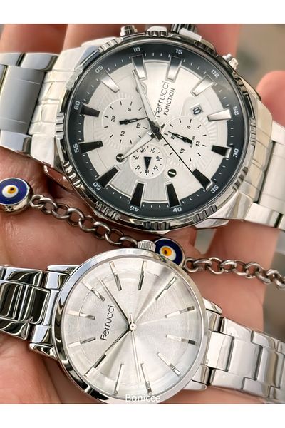 Ferrucci Brand Steel Cord, Silver Color, Couple Lover Watches + Rosary Bracelet