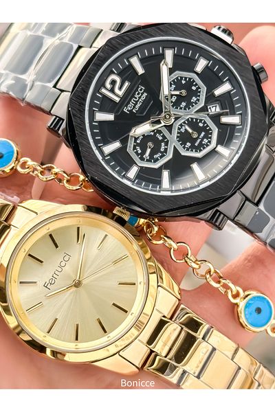 Ferrucci Brand Steel Cord, Silver Yellow Color, Couple Lover Watches + Rosary Bracelet